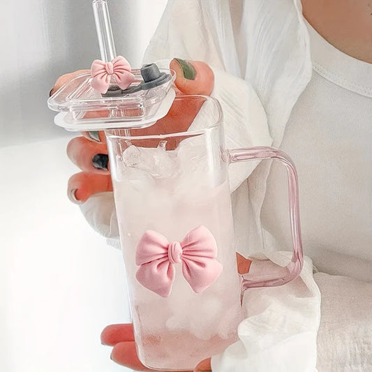 Square Glass Tumbler with Double Bows & Straw – Elegant Drinkware