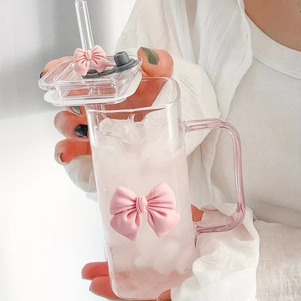 Square Glass Tumbler with Double Bows & Straw – Elegant Drinkware