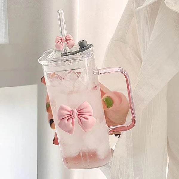 Square Glass Tumbler with Double Bows & Straw – Elegant Drinkware