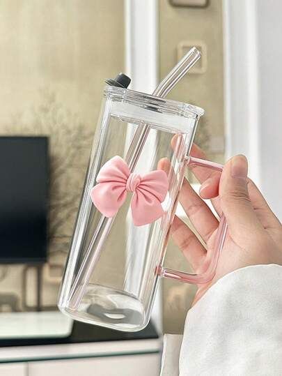 Square Glass Tumbler with Double Bows & Straw – Elegant Drinkware