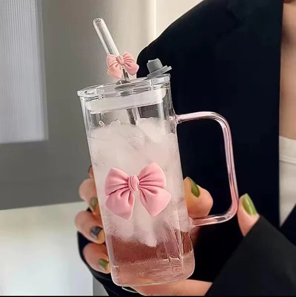 Square Glass Tumbler with Double Bows & Straw – Elegant Drinkware
