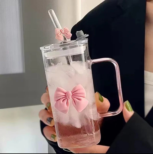 Square Glass Tumbler with Double Bows & Straw – Elegant Drinkware