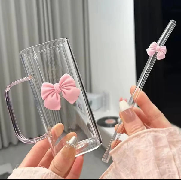 Square Glass Tumbler with Double Bows & Straw – Elegant Drinkware