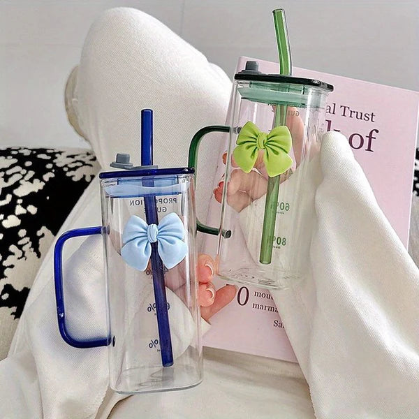 Square Glass Tumbler with Double Bows & Straw – Elegant Drinkware